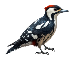 A striking great spotted woodpecker isolated on transparent background, displaying its bold black and white plumage, vibrant red cap, and strong beak in a dynamic stance