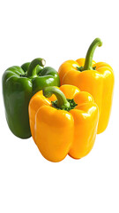 Close-up of three bell peppers, green, yellow, and a mix of both.  Vibrant colors, glossy skins.  Fresh, healthy, appetizing