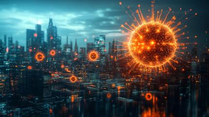 Futuristic cityscape under threat from a glowing virus, envisioning a modern pandemic scenario with an eerie, abstract, and technological atmosphere
