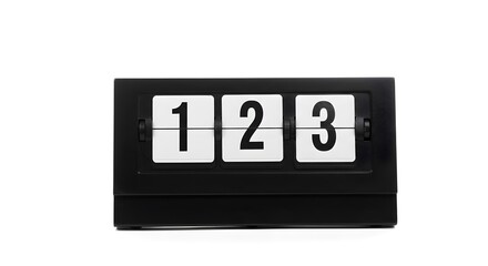 Classic Black Flip Clock Displaying Digits 1, 2, 3 on White Background, Retro Split-Flap Counter Device