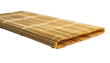 Light-tan bamboo mat with a slightly concave shape.  A close-up, showing the woven texture and  horizontal slats