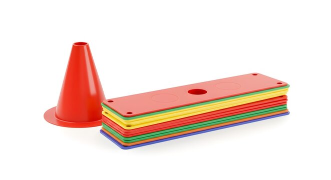 Red Sports Cone and Stack of Colorful Agility Training Markers on White Background