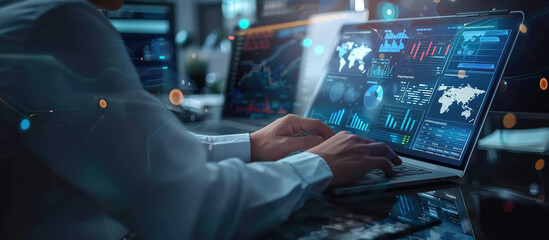 Analyzing Data with Technology: A close-up perspective of a person's hands skillfully navigating a modern laptop. The screen displays complex data visualizations, maps, charts, and graphs.
