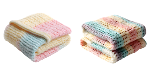 Two soft multicolored pastel knitted blankets folded neatly.