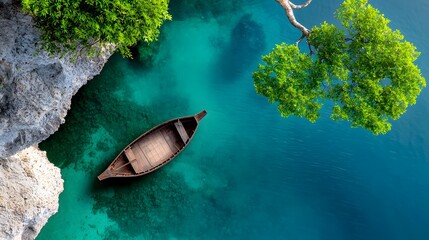 Aerial View Tropical Lagoon with Wooden Boat