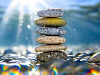 Underwater Zen Stone Stack with Sun Rays