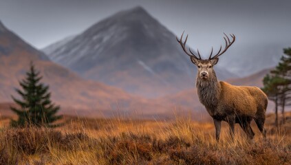 Majestic red deer stag stands proudly in autumn landscape, mountains in the background