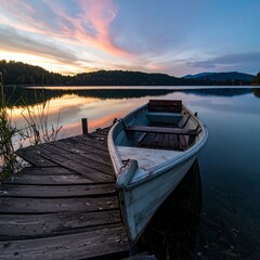 Fototapeta premium Serene Sunset Scene with Boat Docked at Lakeside, Peaceful Atmosphere