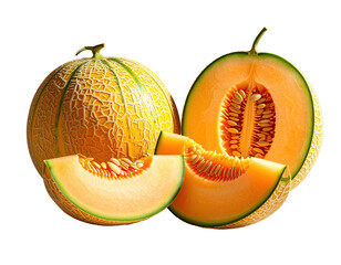 Two cantaloupes, one whole and one sliced, showcasing pale yellow-orange flesh with prominent seeds