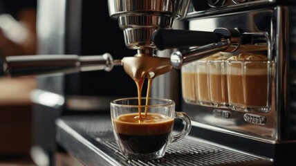 Espresso Extraction Process in a Modern Coffee Machine with Freshly Brewed Coffee in a Glass Cup