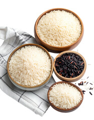 Assorted rice varieties in bowls on a patterned cloth
