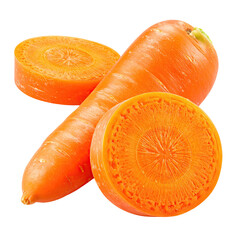 Two fresh carrots, one whole and two slices, lie diagonally on a black background.  The whole carrot is orange-yellow, and the slices reveal a textured interior