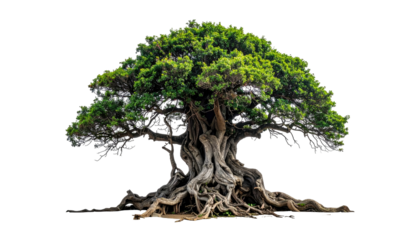 Mature tree with extensive, gnarled roots against black