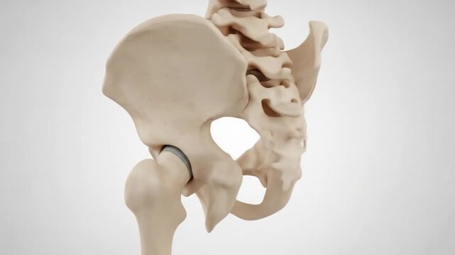 A 3D medical illustration of the human hip joint, showing the pelvis, femur head, and lower spine on a white background.
