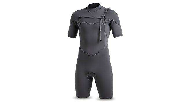 Men's Grey Short Sleeve and Short Leg Wetsuit. Neoprene Spring Suit for Water Sports, Surfing, Diving, and Swimming Isolated on White Background.