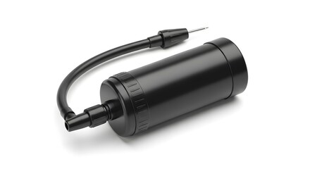 Black Portable Sports Ball Pump with Needle and Flexible Hose on White Background for Athletic Equipment Inflation