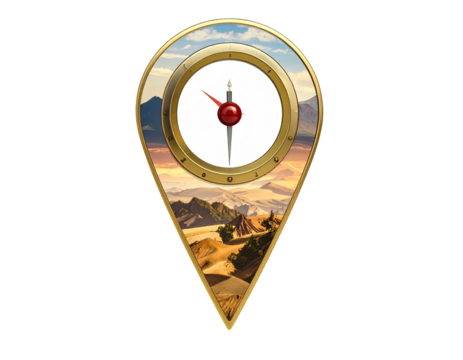 Gold-edged map marker with a clock face and desert landscape