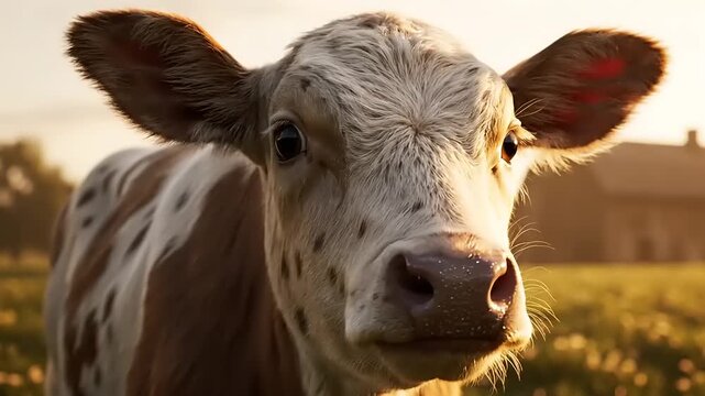 Close-up of a young cow with brown and white patches, gazing at the viewer in a field.