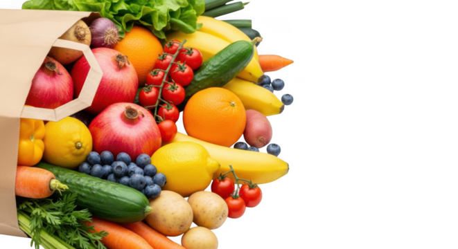Abundant fresh fruit and vegetable assortment bursting from a paper bag