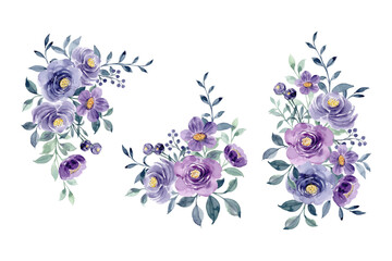 Watercolor purple rose floral bouquet collection