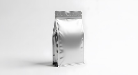 Silver Metallic Packaging Bag Standing in White Background for Food or Product Storage