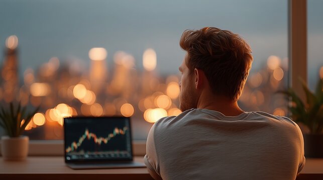 Man looking out window at city lights after analyzing stock market data on a laptop. Financial trading and investment strategy concept.