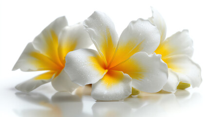 Fototapeta premium Three white and yellow plumeria flowers with water droplets rest on a reflective white surface in soft lighting
