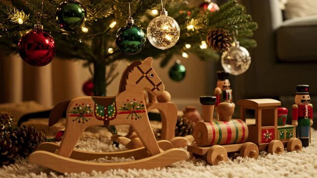 Wooden Toys Under Christmas Tree with Festive Ornaments and Lights