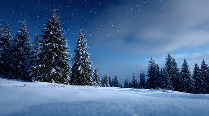 Obraz premium Snow-covered pine trees under a clear night sky with stars glowing, creating a serene winter landscape blanketed in fresh, untouched snow