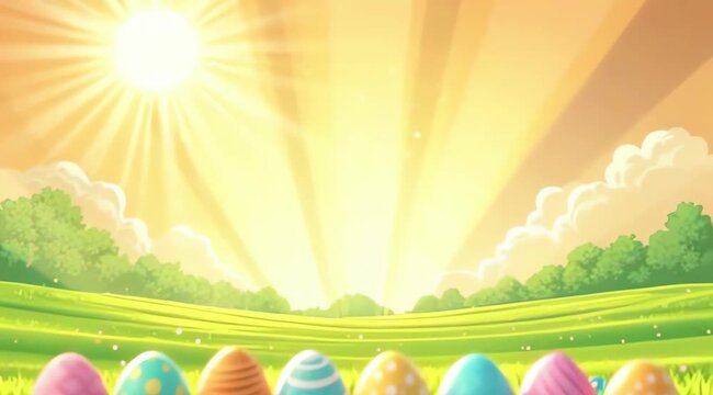 A vibrant Easter scene with colorful eggs bursting from a sunny landscape. 4K video