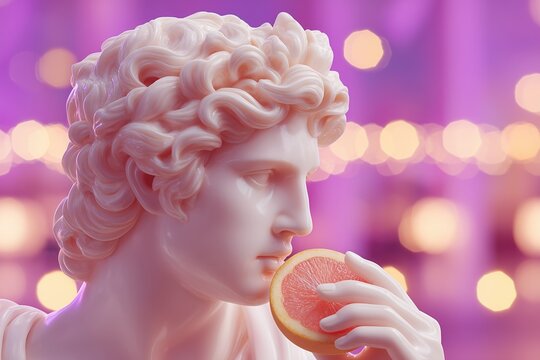 Male sculpture with a slice of grapefruit. Art installation with classical bust and modern fruit. Concept of ancient aesthetics and wellbeing. - Powered by Adobe