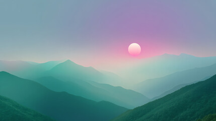 Fototapeta premium Sunrise over misty mountain ranges with soft pastel colors blending blue, green, and pink hues, creating a calm and serene natural landscape