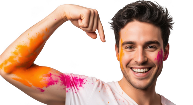 Young man flexing biceps with vibrant holi powder colors splashed on arm and face
