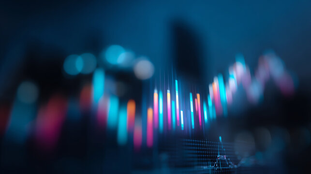 Blurred colorful financial chart with glowing light bars and lines, symbolizing market trends and data analysis in a digital, futuristic environment