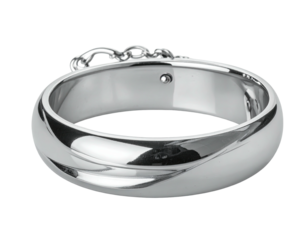 A wide, smooth, silver bangle with a small chain