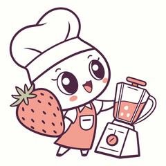 Cute cartoon character chef holding a strawberry and a blender with strawberry smoothie