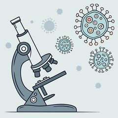 Microscope examining stylized coronavirus particles in a laboratory setting representing scientific research and disease discovery