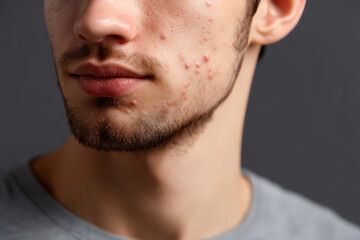 Fototapeta premium Close-up of a young man's lower face showing acne and pimples on his cheek and chin against a dark background