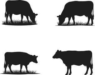 Cow silhouettes grazing on grass, black cattle illustration, rural livestock posture, farm animal design, agriculture concept, nature pasture, vector artwork
