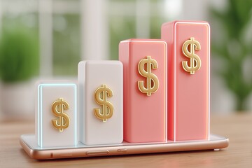 Growing bar chart with dollar sign on smartphone. Financial success and profit growth. Mobile banking application or investment app concept.