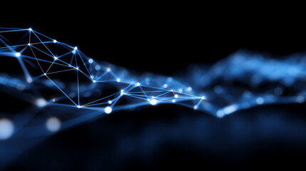 Abstract digital network of glowing blue nodes connected by lines on a dark background, representing technology, data flow, or communication systems