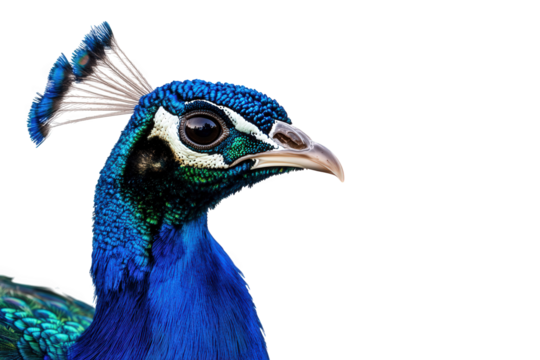 Closeup of a vibrant peacock head isolated on transparent background, showcasing its iridescent blue feathers and intricate patterns, exuding elegance and beauty