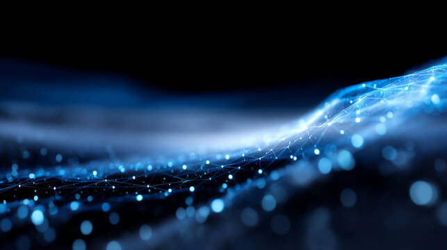 Abstract blue digital wave with glowing nodes and connecting lines on a dark background, representing data flow, technology, and network connectivity in a futuristic style