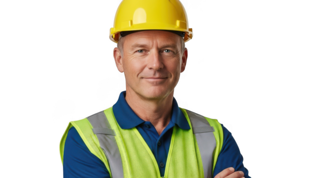 Man wearing yellow hard hat and safety vest smiles confidently in studio portrait.