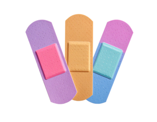Three pastel-colored adhesive bandages arranged in a stacked,  "W" formation