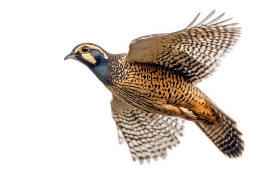 A bobwhite quail in midflight isolated on transparent background, its wings spread wide, showcasing its brown and white patterned plumage, a symbol of agility and freedom