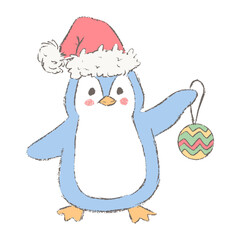 Penguin holding Christmas ornament. Festive winter character isolated on white.
