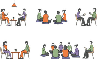 Team discussion group sitting illustration, people talking communication concept, office coworkers meeting, brainstorming teamwork, casual c