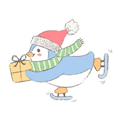 Penguin holding Christmas gift. Festive winter character isolated on white.