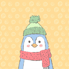 Christmas penguin portrait. Cute winter character with textured background.